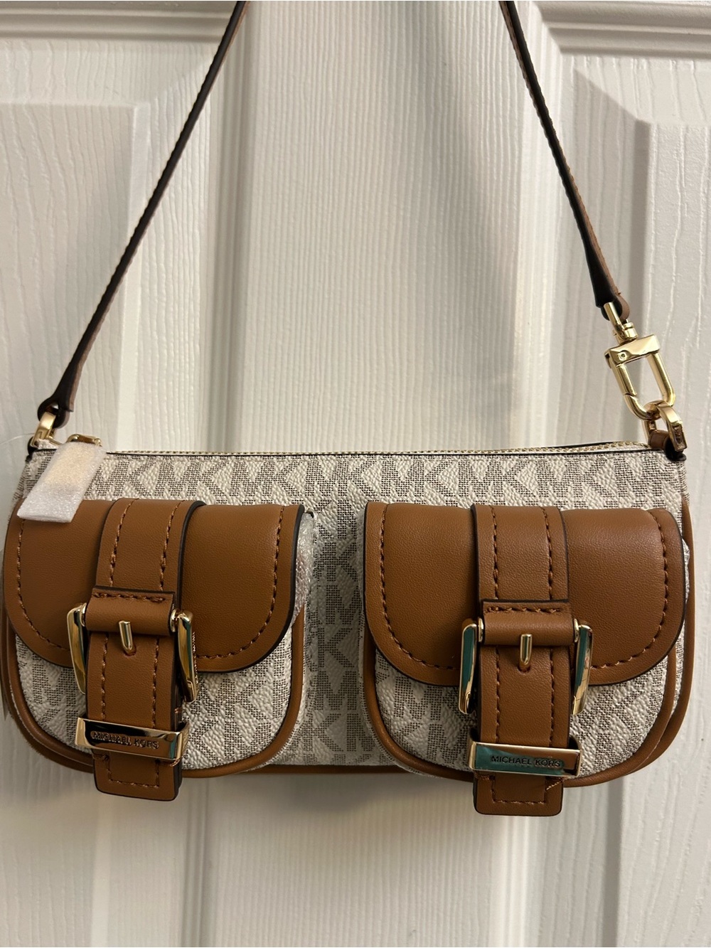 Michael Kors Tan & Ivory Zoe Logo Convertible Pouchette